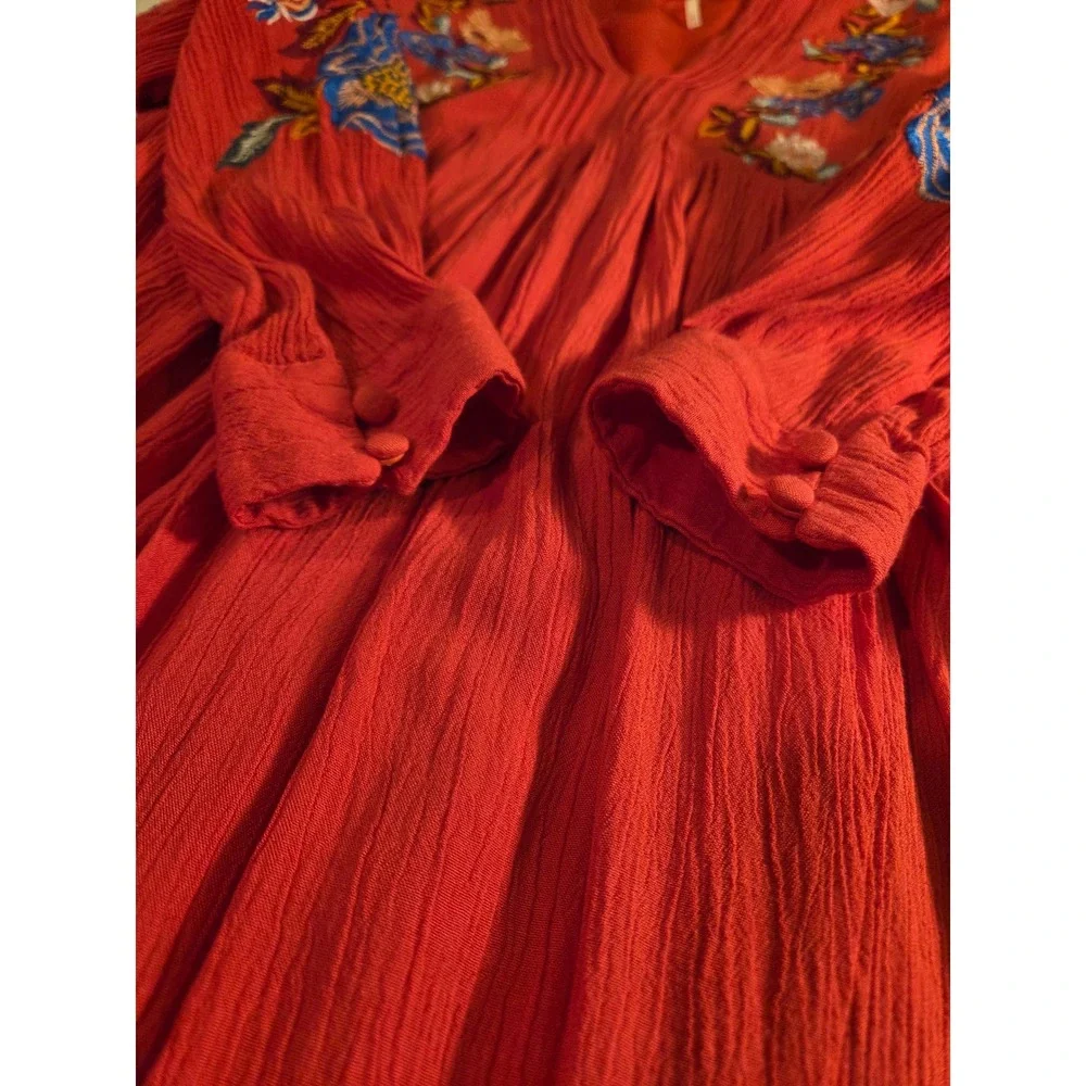 Free People Mia Embroidered Gauze Mini Dress Long Sleeve Boho, Size S, Red